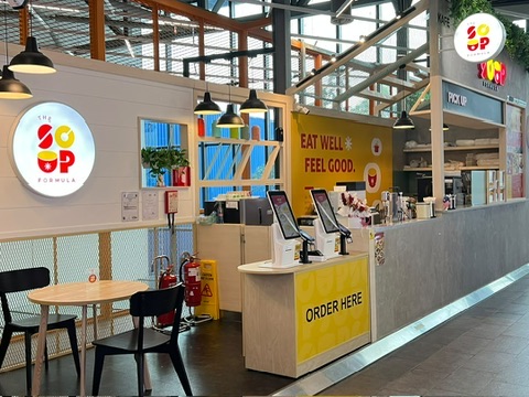 The Soup Formula kiosk at IPC Shopping Centre with ordering counter and seating